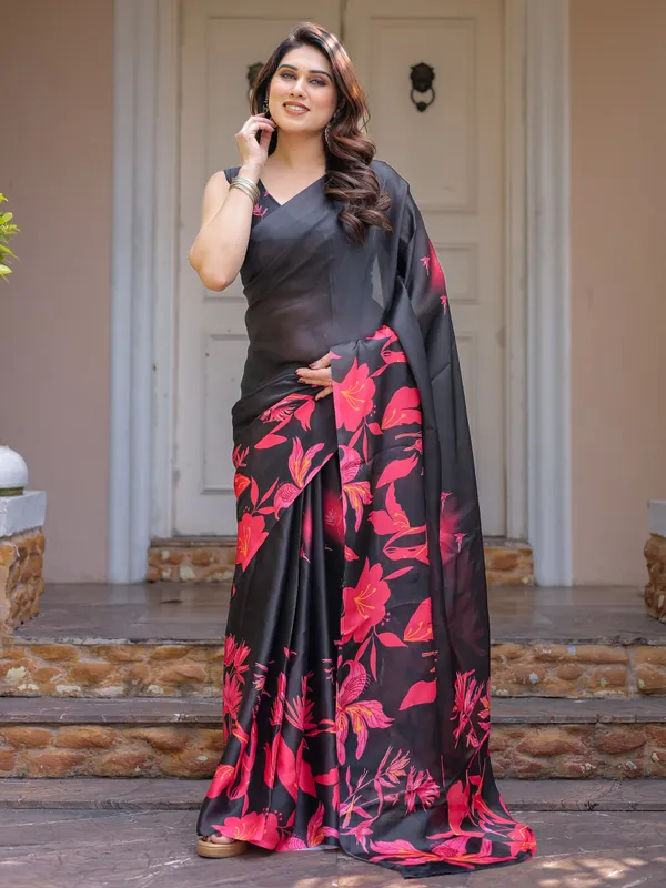 Black_Red_Floral_Printed_Satin_Georgette_Saree_for_Women_with_Designer_Blouse_|_Elegant_Party_Wear_Saree