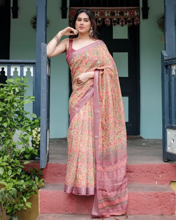 Beige_and_Rust_Pure_Cotton_Linen_Saree_with_Tribal_Block_Print_And_Tassel_Detailing_With_Unstitched_Blouse