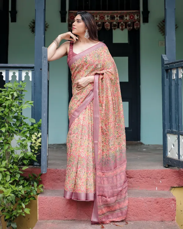 Beige_and_Rust_Pure_Cotton_Linen_Saree_with_Tribal_Block_Print_And_Tassel_Detailing_With_Unstitched_Blouse