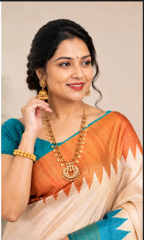 Soft_Tussar_Silk_sarees_with_Beautiful__Print_With_Attractive_Temple_Border_And_Contrast_Print_Blouse_With_Tassels_in_new_styles