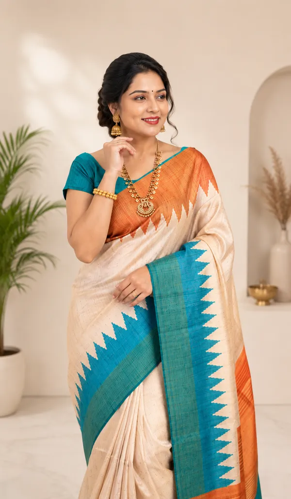 Soft_Tussar_Silk_sarees_with_Beautiful__Print_With_Attractive_Temple_Border_And_Contrast_Print_Blouse_With_Tassels_in_new_styles
