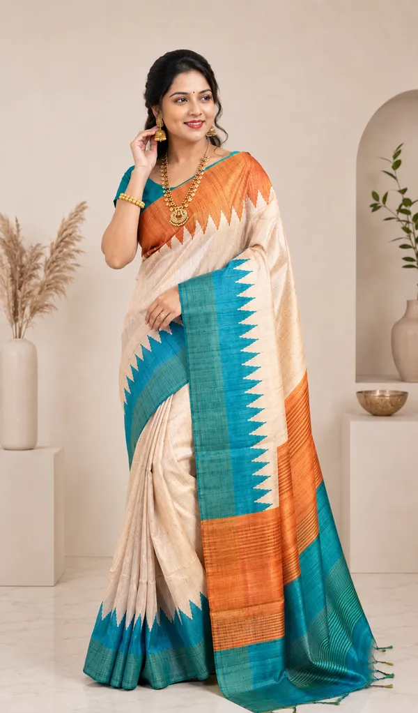 Soft_Tussar_Silk_sarees_with_Beautiful__Print_With_Attractive_Temple_Border_And_Contrast_Print_Blouse_With_Tassels_in_new_styles