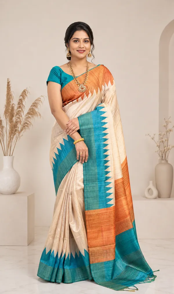 Soft_Tussar_Silk_sarees_with_Beautiful__Print_With_Attractive_Temple_Border_And_Contrast_Print_Blouse_With_Tassels_in_new_styles