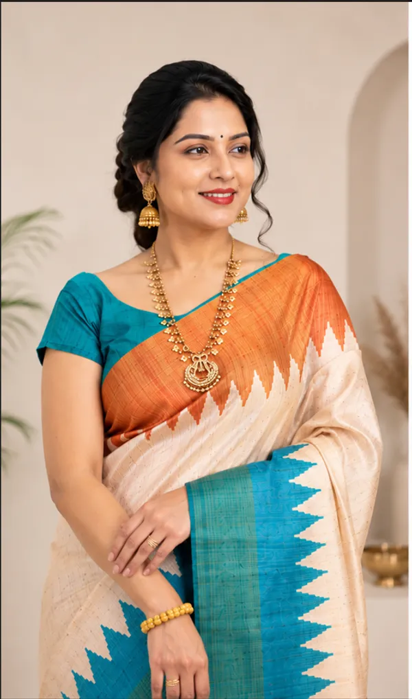 Soft_Tussar_Silk_sarees_with_Beautiful__Print_With_Attractive_Temple_Border_And_Contrast_Print_Blouse_With_Tassels_in_new_styles