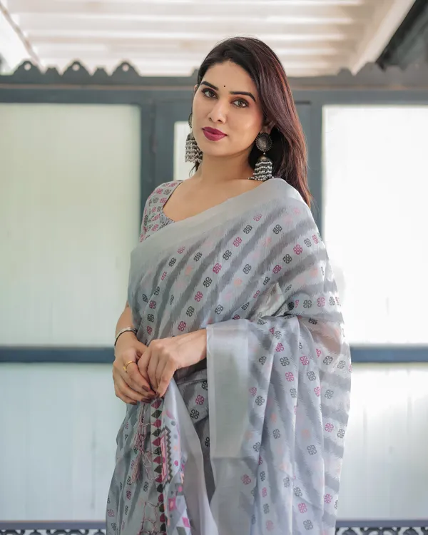 Grey_Pastel_Geometric_&_Floral_Print_Pure_Cotton_Linen_Saree_and_Tassels_With_Unstitched_Blouse