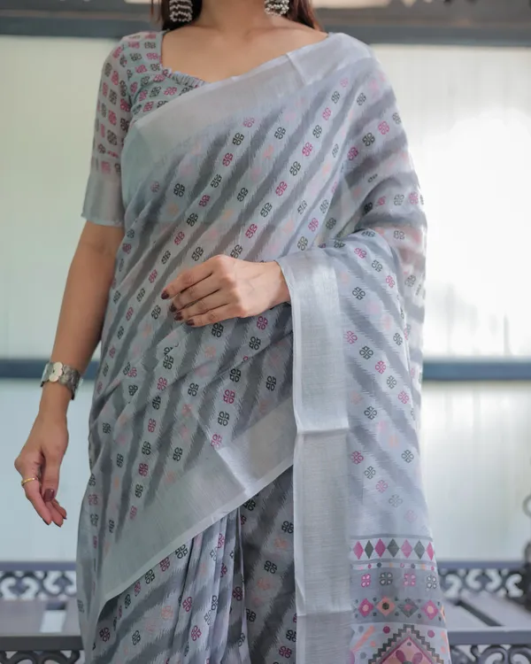Grey_Pastel_Geometric_&_Floral_Print_Pure_Cotton_Linen_Saree_and_Tassels_With_Unstitched_Blouse