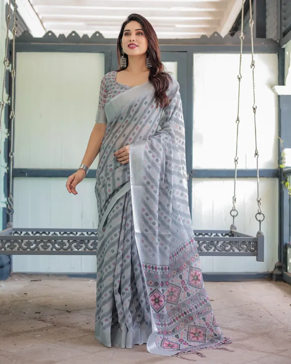 Grey_Pastel_Geometric_&_Floral_Print_Pure_Cotton_Linen_Saree_and_Tassels_With_Unstitched_Blouse
