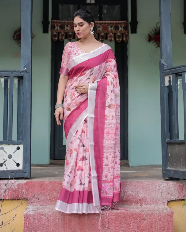 Soft_Pink_Linen_Floral_Printed_Saree_with_Contrast_Border_and_Tassel_Detailing_with_Unstitched_Blouse_for_Women