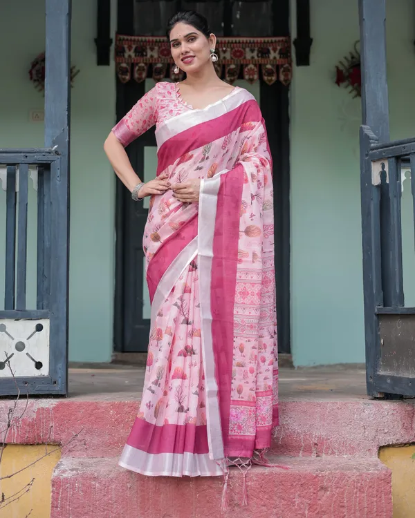 Soft_Pink_Linen_Floral_Printed_Saree_with_Contrast_Border_and_Tassel_Detailing_with_Unstitched_Blouse_for_Women