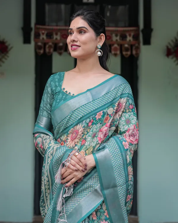 Teal_Green_Linen_Floral_Printed_Saree_with_Rich_Border_Design_and_Tassel_Detailing_with_Unstitched_Blouse_for_Women
