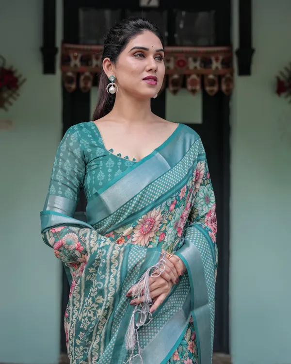Teal_Green_Linen_Floral_Printed_Saree_with_Rich_Border_Design_and_Tassel_Detailing_with_Unstitched_Blouse_for_Women