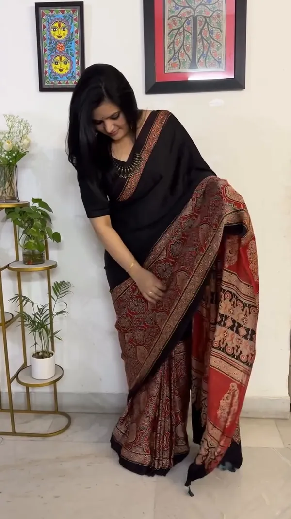 Red_&_Black_Festive_Ajrakh_Bindi_Japan_Silk_Saree_with_Polka_Dot_Pattern