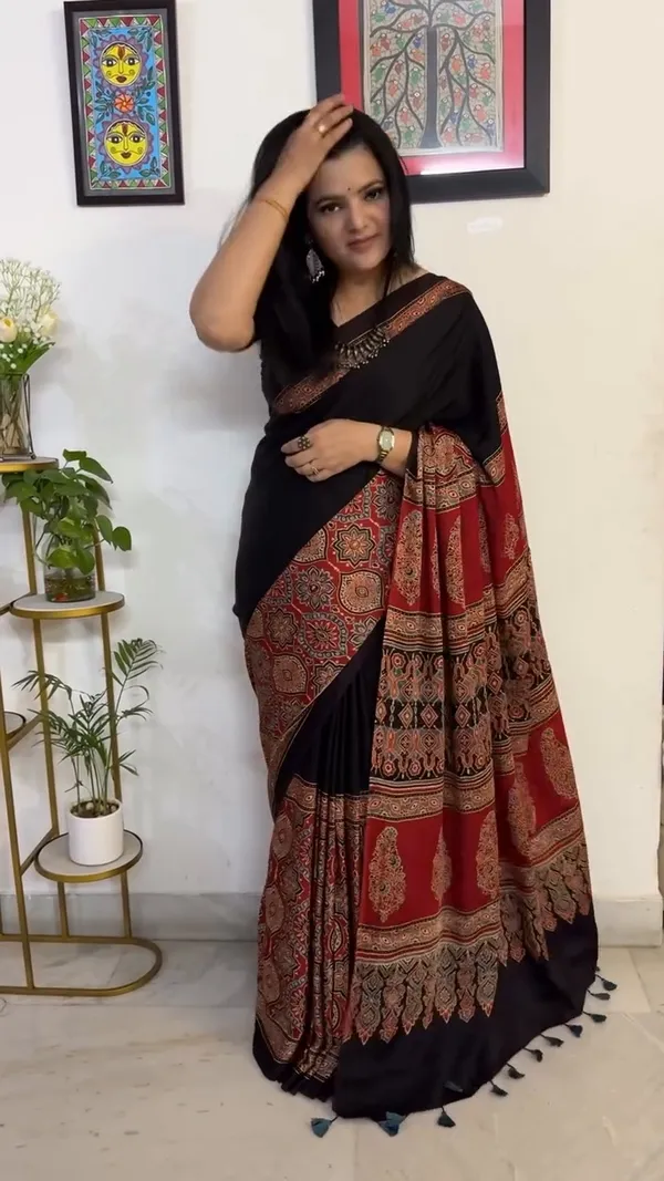 Red_&_Black_Festive_Ajrakh_Bindi_Japan_Silk_Saree_with_Polka_Dot_Pattern