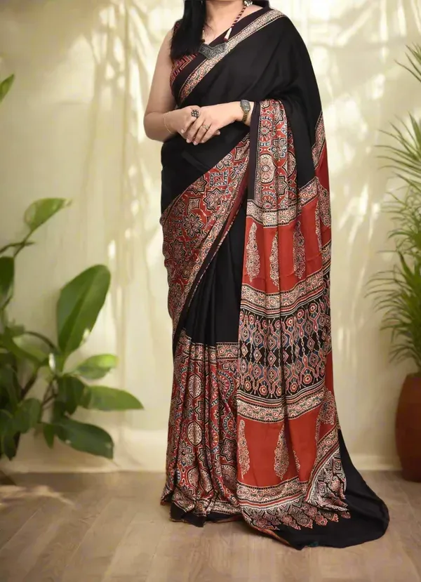 Red_&_Black_Festive_Ajrakh_Bindi_Japan_Silk_Saree_with_Polka_Dot_Pattern