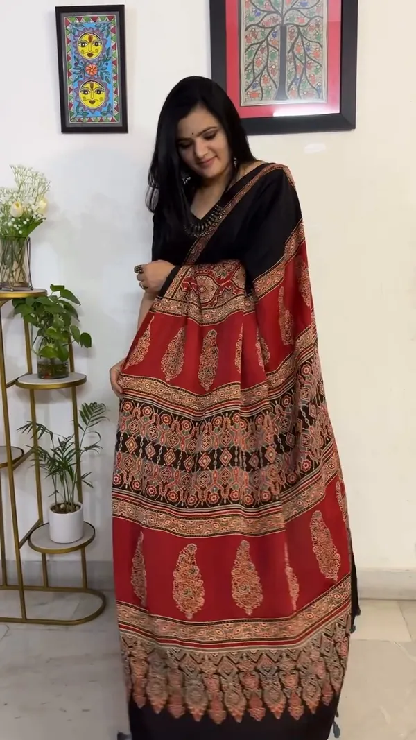 Red_&_Black_Festive_Ajrakh_Bindi_Japan_Silk_Saree_with_Polka_Dot_Pattern