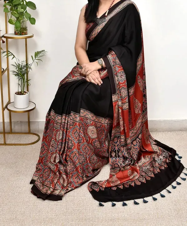 Red_&_Black_Festive_Ajrakh_Bindi_Japan_Silk_Saree_with_Polka_Dot_Pattern