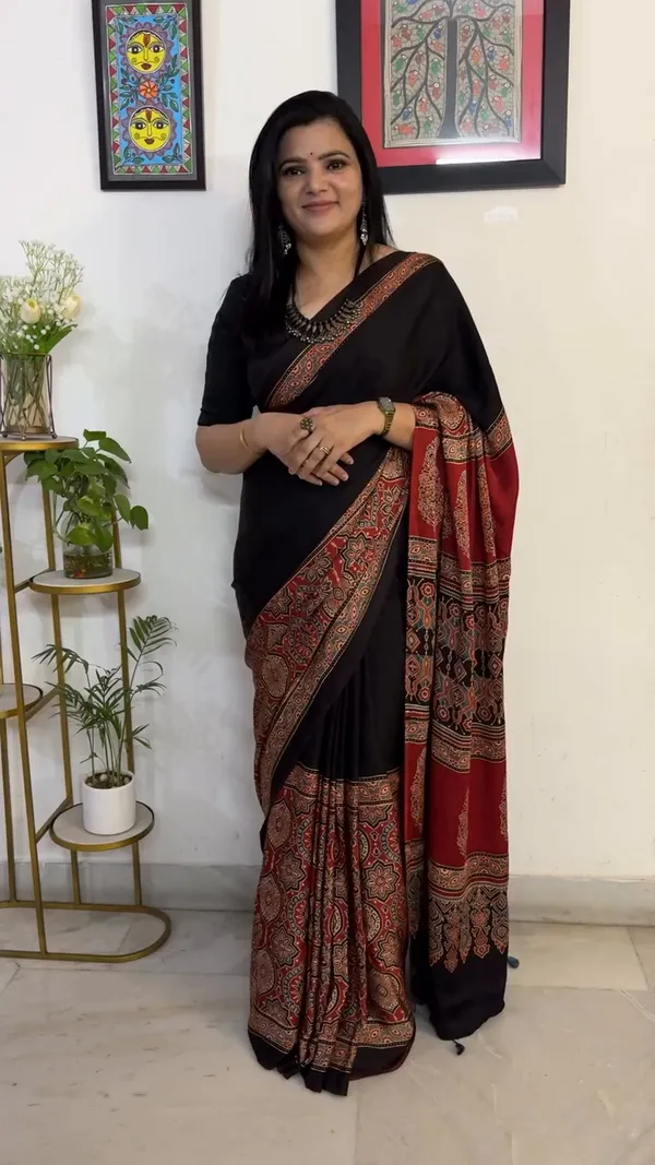 Red_&_Black_Festive_Ajrakh_Bindi_Japan_Silk_Saree_with_Polka_Dot_Pattern