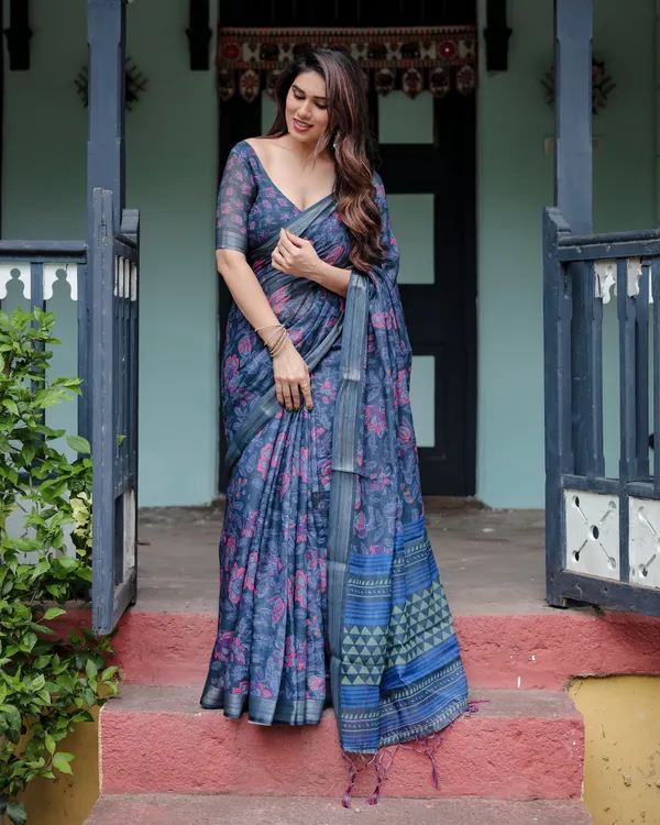 Navy_Blue_Pure_Cotton_Linen_Saree_with_Floral_Print,_,_and_Tassel_Detailing_With_Unstitched_Blouse