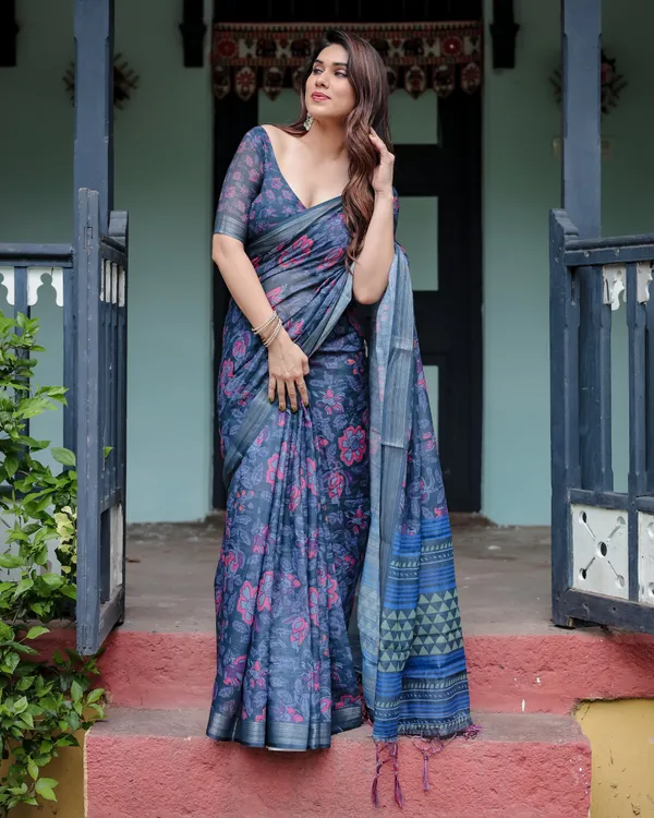 Navy_Blue_Pure_Cotton_Linen_Saree_with_Floral_Print,_,_and_Tassel_Detailing_With_Unstitched_Blouse