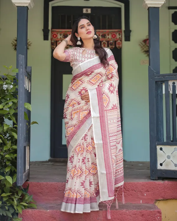 Cream_and_Maroon_Geometric_Printed_Pure_Cotton_Linen_Saree_and_Tassels_With_Unstitched_Blouse