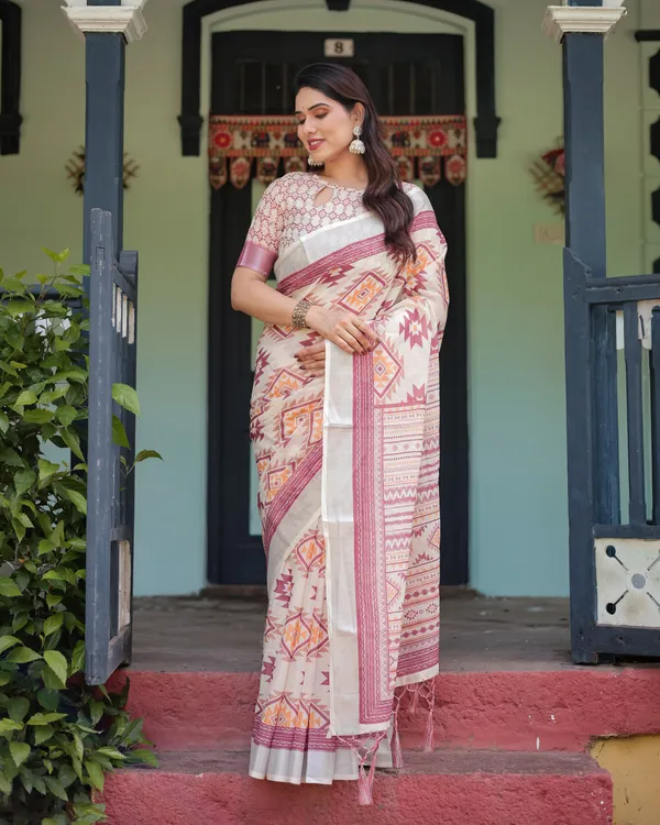 Cream_and_Maroon_Geometric_Printed_Pure_Cotton_Linen_Saree_and_Tassels_With_Unstitched_Blouse