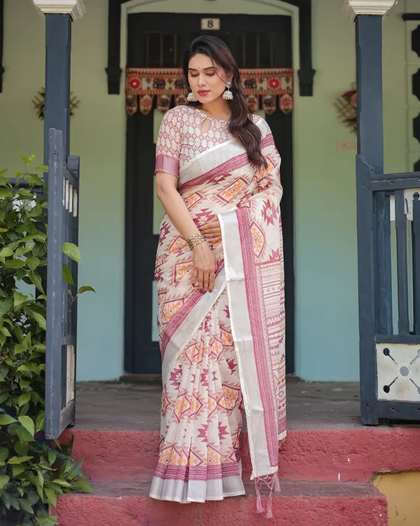 Cream_and_Maroon_Geometric_Printed_Pure_Cotton_Linen_Saree_and_Tassels_With_Unstitched_Blouse