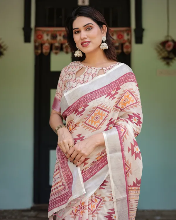 Cream_and_Maroon_Geometric_Printed_Pure_Cotton_Linen_Saree_and_Tassels_With_Unstitched_Blouse