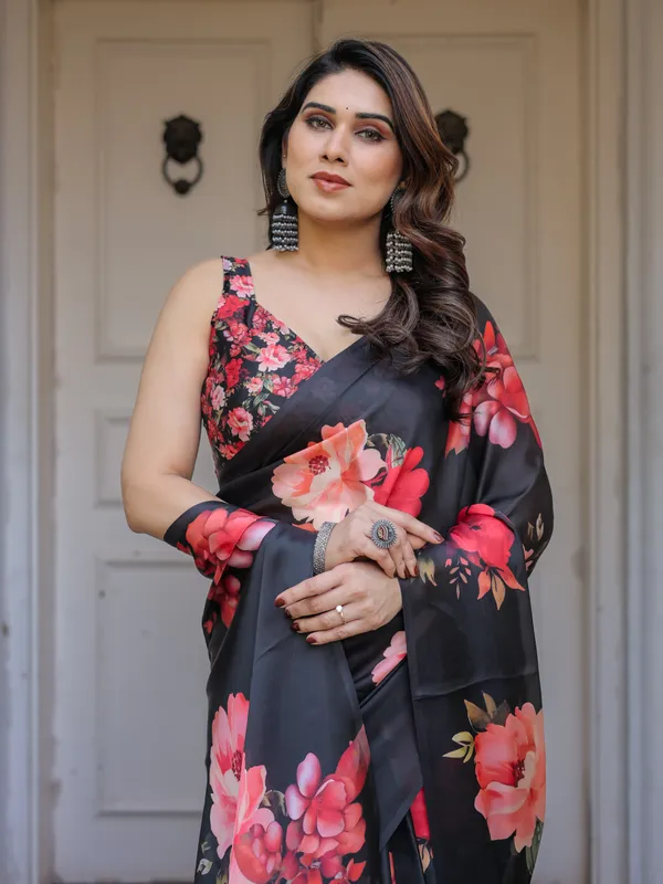 Black_Floral_Print_Satin_Georgette_Saree_with_Red_Flower_Design_|_Elegant_Designer_Party_Wear_Saree