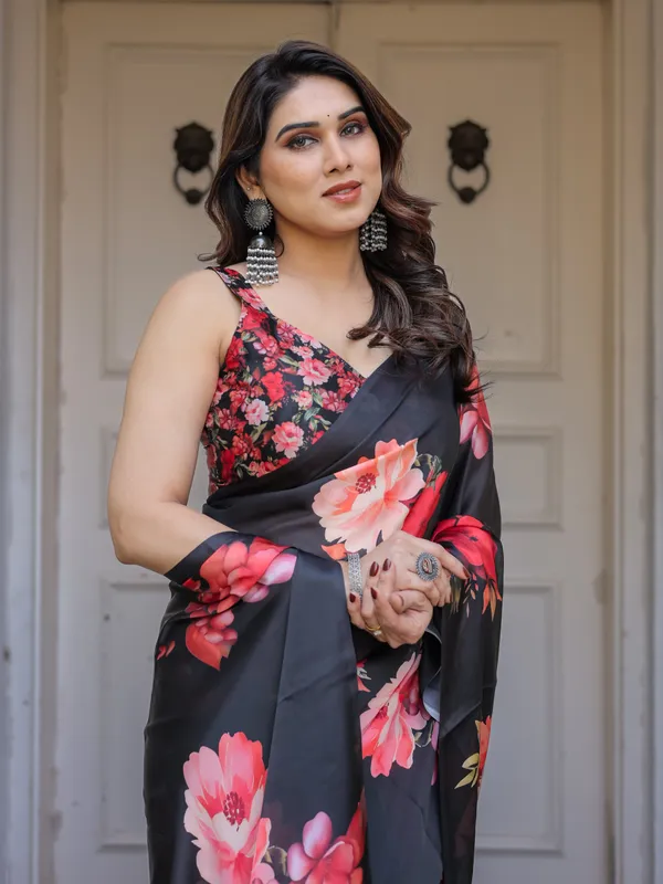 Black_Floral_Print_Satin_Georgette_Saree_with_Red_Flower_Design_|_Elegant_Designer_Party_Wear_Saree
