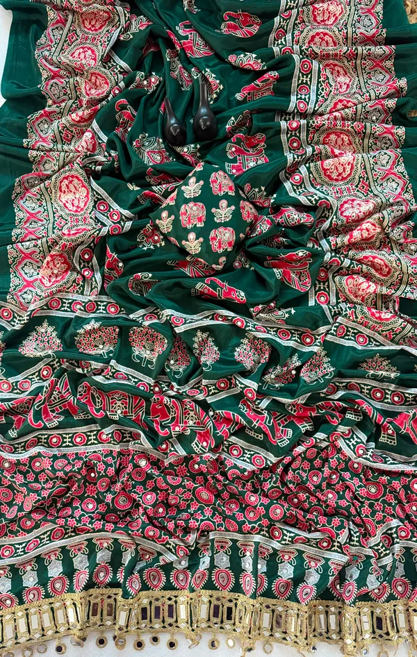 Women's_Bottle_Green_Ajrakh_Printed_Saree_with_Tiki_Embroidery_Work
