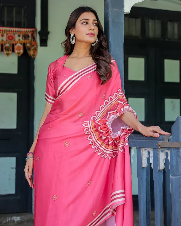Bright_Pink_Designer_Saree_with_White_Striped_Border_&_Mandala_Art_Satin_Georgette_Handsfree_Pallu_Matching_With_Unstitched_Blouse