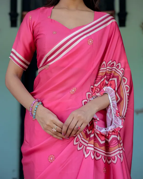 Bright_Pink_Designer_Saree_with_White_Striped_Border_&_Mandala_Art_Satin_Georgette_Handsfree_Pallu_Matching_With_Unstitched_Blouse
