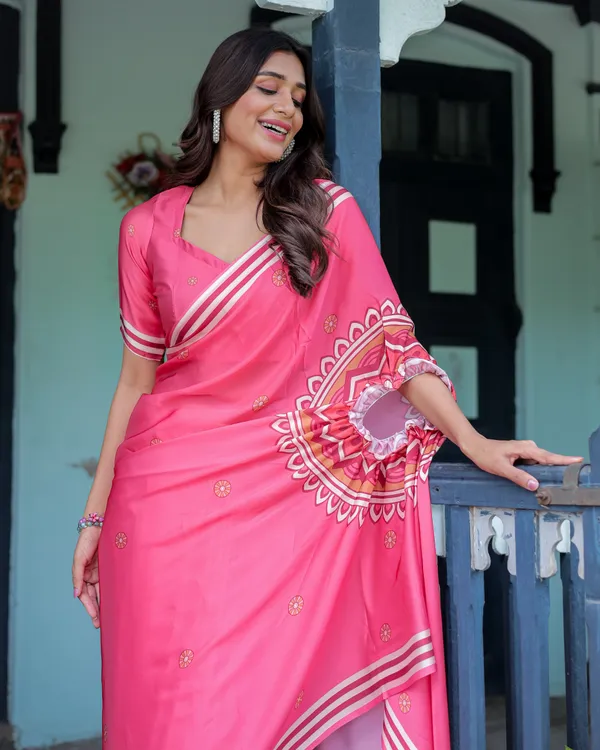 Bright_Pink_Designer_Saree_with_White_Striped_Border_&_Mandala_Art_Satin_Georgette_Handsfree_Pallu_Matching_With_Unstitched_Blouse