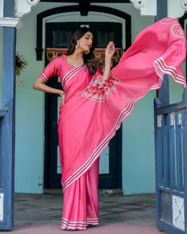 Bright_Pink_Designer_Saree_with_White_Striped_Border_&_Mandala_Art_Satin_Georgette_Handsfree_Pallu_Matching_With_Unstitched_Blouse
