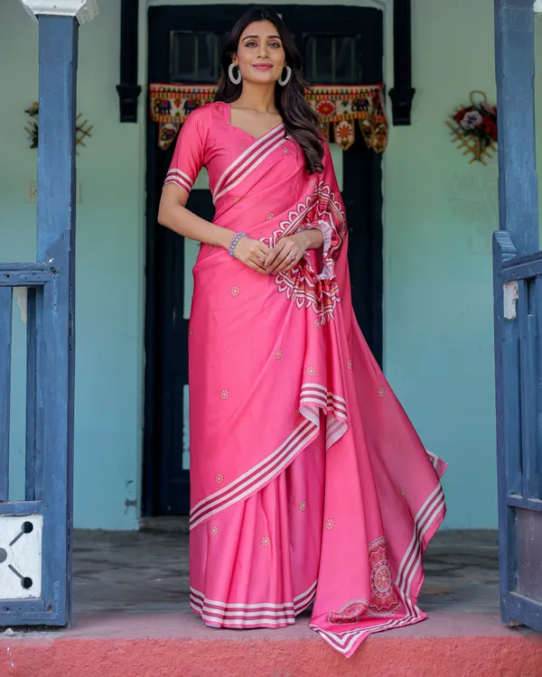 Bright_Pink_Designer_Saree_with_White_Striped_Border_&_Mandala_Art_Satin_Georgette_Handsfree_Pallu_Matching_With_Unstitched_Blouse