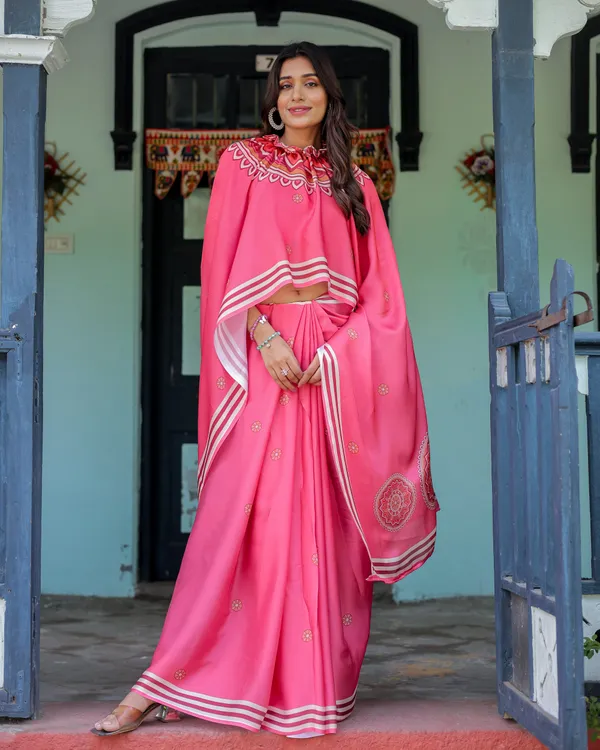 Bright_Pink_Designer_Saree_with_White_Striped_Border_&_Mandala_Art_Satin_Georgette_Handsfree_Pallu_Matching_With_Unstitched_Blouse