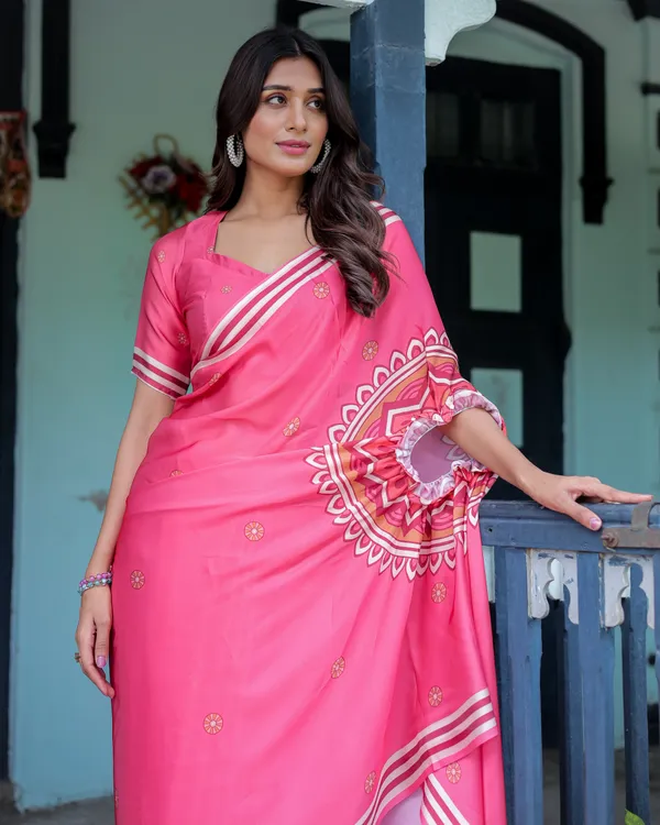 Bright_Pink_Designer_Saree_with_White_Striped_Border_&_Mandala_Art_Satin_Georgette_Handsfree_Pallu_Matching_With_Unstitched_Blouse