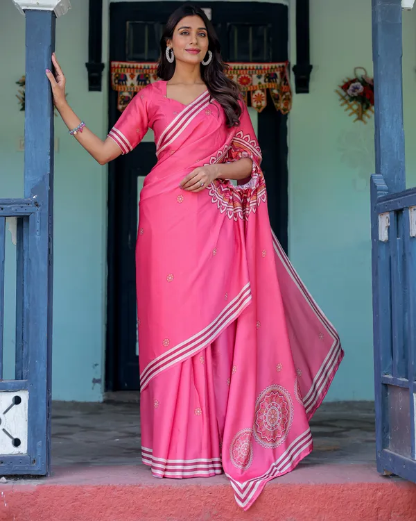 Bright_Pink_Designer_Saree_with_White_Striped_Border_&_Mandala_Art_Satin_Georgette_Handsfree_Pallu_Matching_With_Unstitched_Blouse