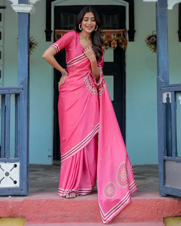 Bright_Pink_Designer_Saree_with_White_Striped_Border_&_Mandala_Art_Satin_Georgette_Handsfree_Pallu_Matching_With_Unstitched_Blouse