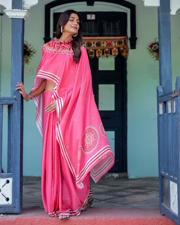 Bright_Pink_Designer_Saree_with_White_Striped_Border_&_Mandala_Art_Satin_Georgette_Handsfree_Pallu_Matching_With_Unstitched_Blouse