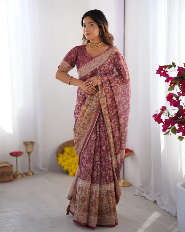 Classic_Handloom_Cotton_Saree_Featuring_Buti_and_Floral_Panel_Design_With_Unstitched_Blouse