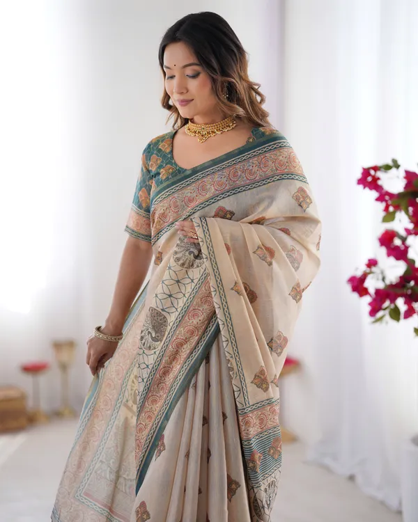 Classic_Handloom_Cotton_Saree_Featuring_Buti_and_Floral_Panel_Design_With_Unstitched_Blouse