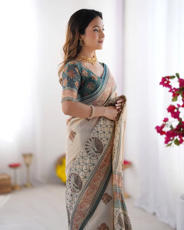 Classic_Handloom_Cotton_Saree_Featuring_Buti_and_Floral_Panel_Design_With_Unstitched_Blouse