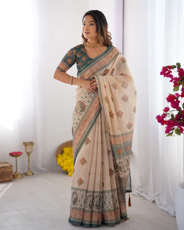 Classic_Handloom_Cotton_Saree_Featuring_Buti_and_Floral_Panel_Design_With_Unstitched_Blouse