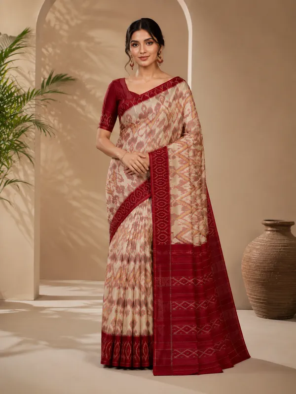 Premium_Linen_Saree_for_Women_with_Maroon_Ikat_Border_|_Traditional_Ethnic_Wear