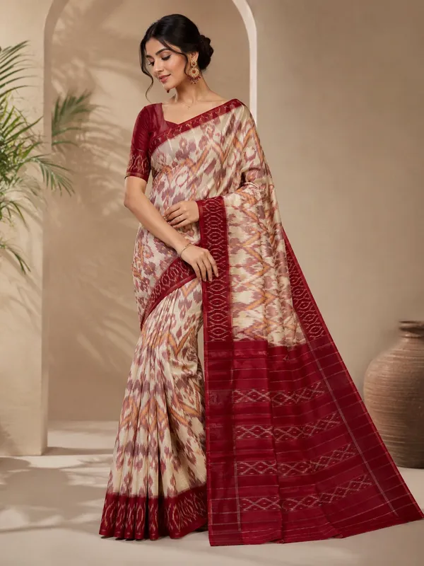 Premium_Linen_Saree_for_Women_with_Maroon_Ikat_Border_|_Traditional_Ethnic_Wear