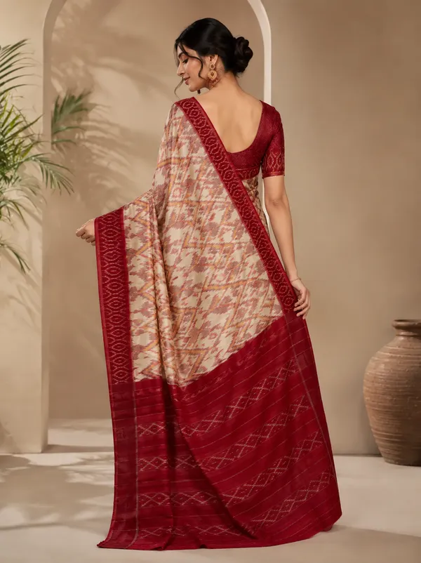 Premium_Linen_Saree_for_Women_with_Maroon_Ikat_Border_|_Traditional_Ethnic_Wear