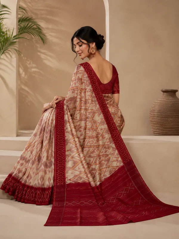 Premium_Linen_Saree_for_Women_with_Maroon_Ikat_Border_|_Traditional_Ethnic_Wear