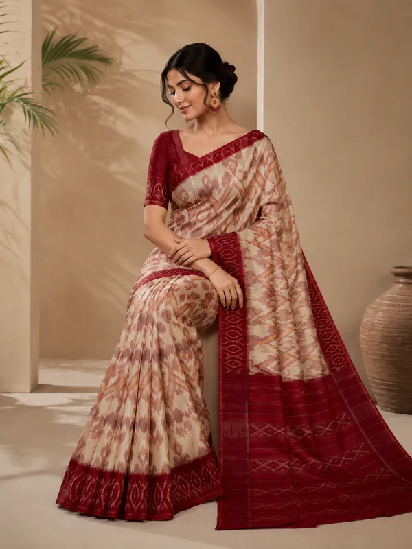 Premium_Linen_Saree_for_Women_with_Maroon_Ikat_Border_|_Traditional_Ethnic_Wear
