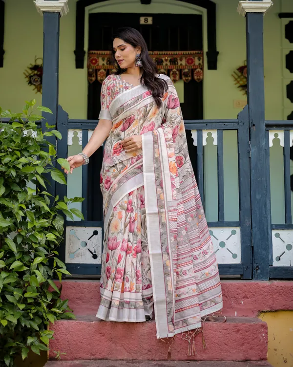 Elegant_Floral_Print_Pure_Cotton_Linen_Saree_in_Ivory_with_Multicolor_Florals_and_Tassels_With_Unstitched_Blouse